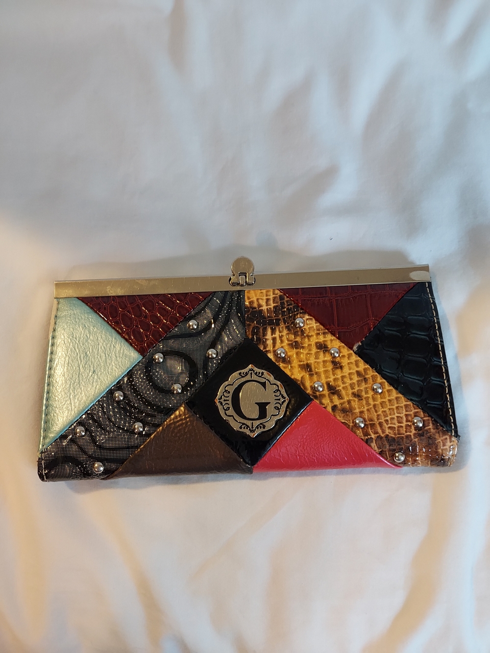 Vintage Y2K GUESS Multicolor Patchwork Studded Framed Clutch Wallet